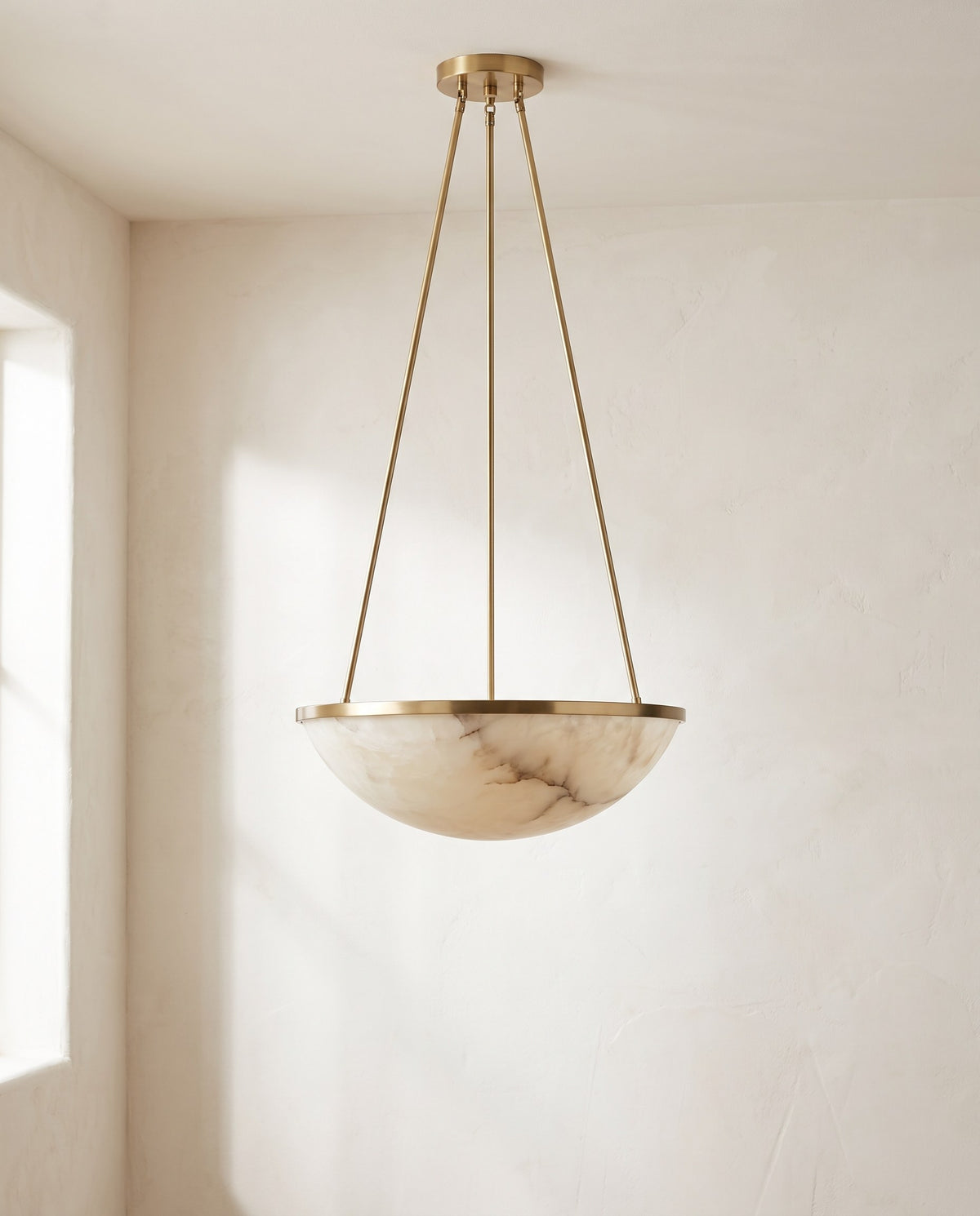 Alabaster Bowl Pendant Light – 14" Veined Stone-Look Shade, Brushed Brass Frame, Entryway & Dining