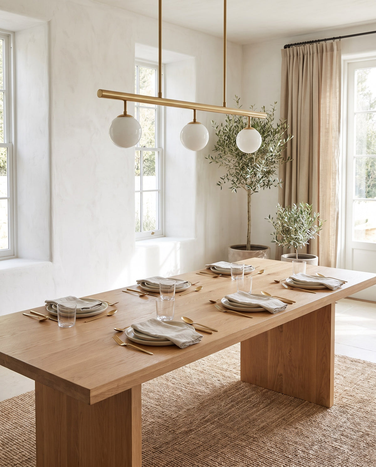 Nothoro Trio Linear Pendant Light – 36" Brushed Brass Bar with 3 Opal Glass Globes, Kitchen Island Chandelier