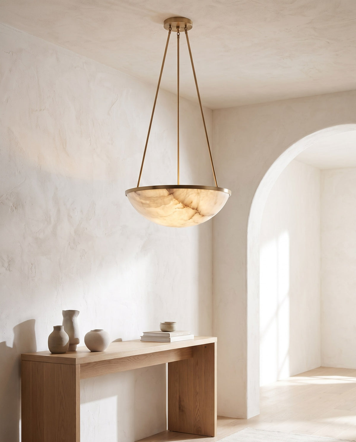 Alabaster Bowl Pendant Light – 14" Veined Stone-Look Shade, Brushed Brass Frame, Entryway & Dining