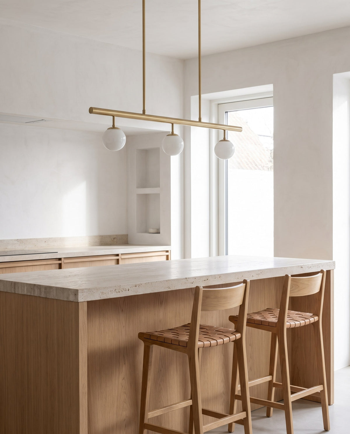 Nothoro Trio Linear Pendant Light – 36" Brushed Brass Bar with 3 Opal Glass Globes, Kitchen Island Chandelier