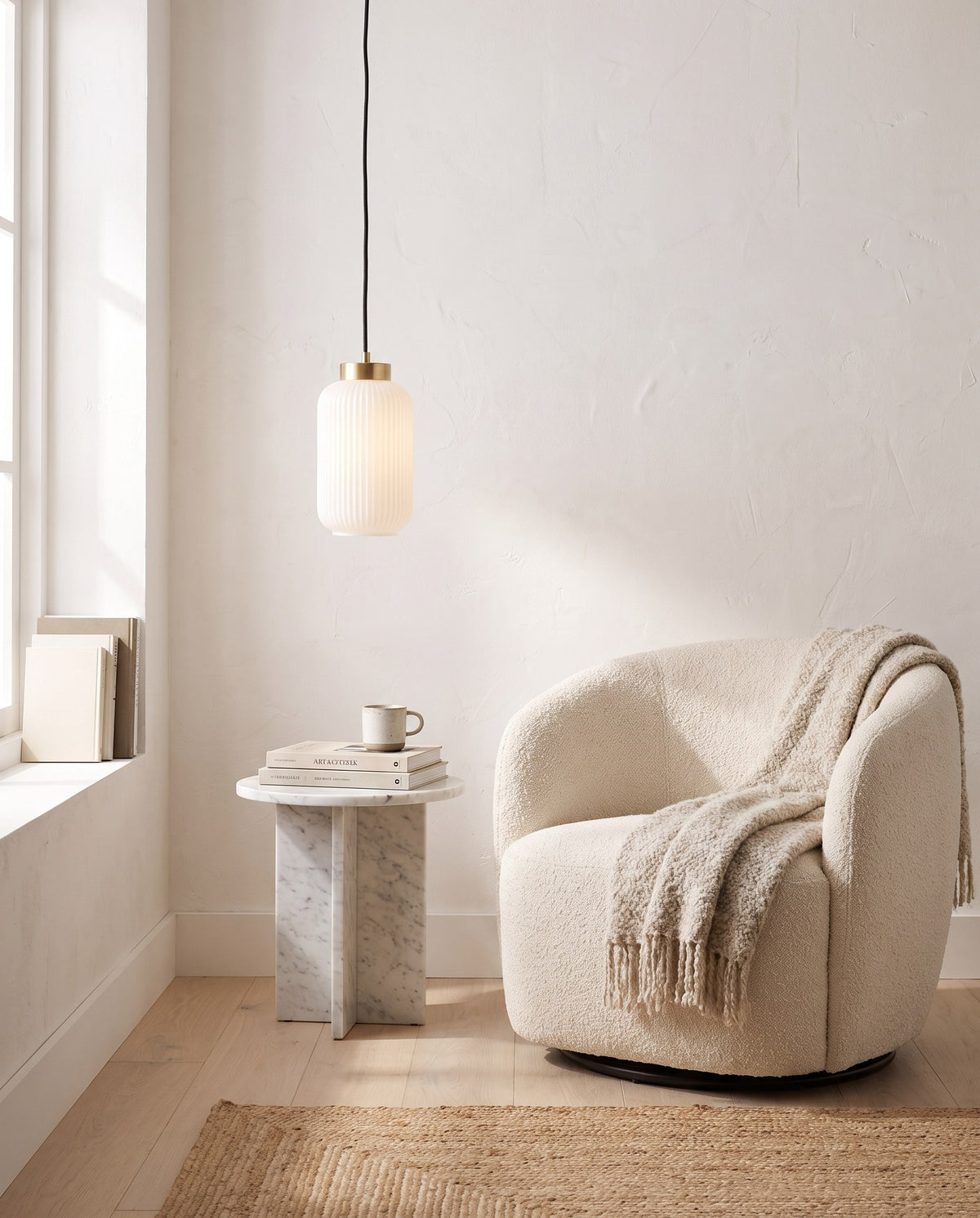 Nothoro Ribbed Glass Pendant Light – Fluted Opal Cylinder, Brushed Brass Cap, Kitchen Island & Bedside