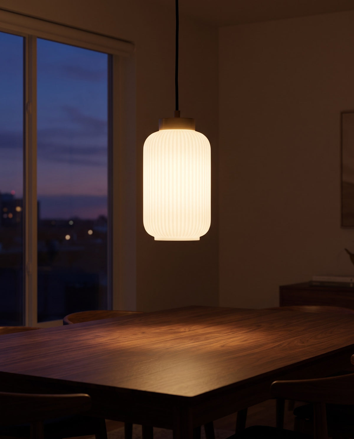 Nothoro Ribbed Glass Pendant Light – Fluted Opal Cylinder, Brushed Brass Cap, Kitchen Island & Bedside