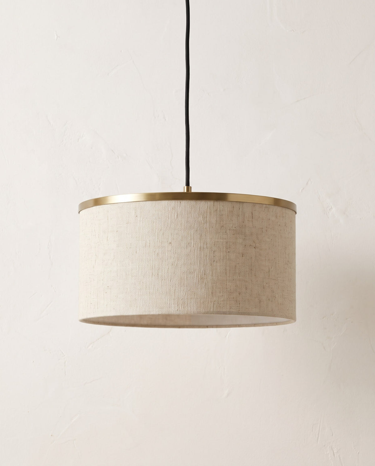 Linen Drum Pendant Light – 16" Natural Oatmeal Fabric Shade, Brass Ring, Bedroom & Living Room
