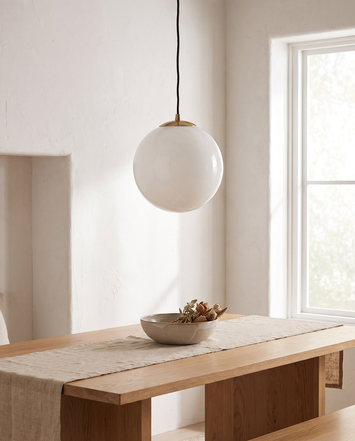 Nothoro Orb Pendant Light – 12" Opal Glass Globe, Brushed Brass, Dimmable, Dining Room & Kitchen