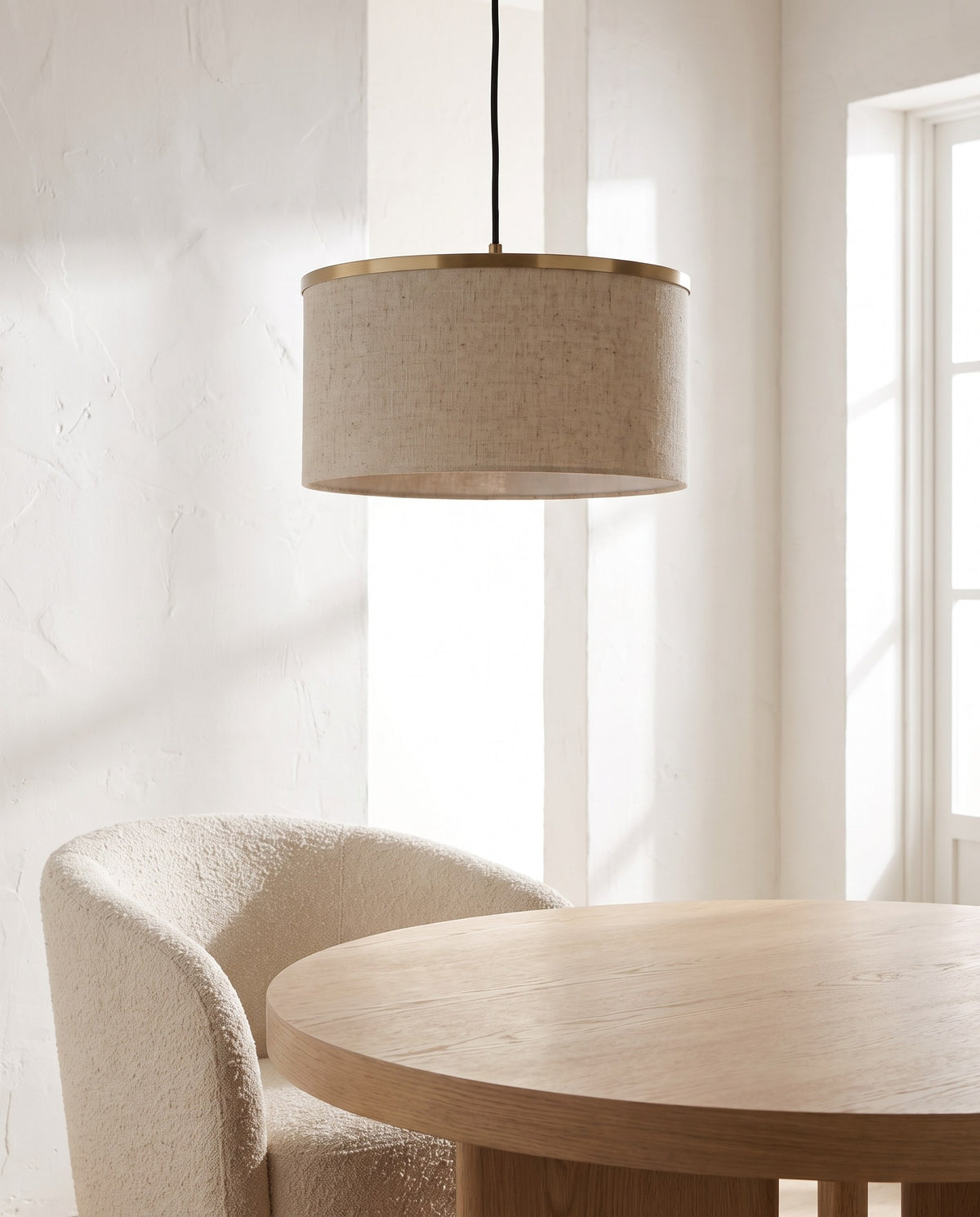Linen Drum Pendant Light – 16" Natural Oatmeal Fabric Shade, Brass Ring, Bedroom & Living Room