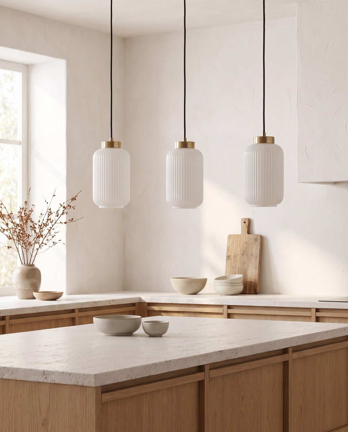 Nothoro Ribbed Glass Pendant Light – Fluted Opal Cylinder, Brushed Brass Cap, Kitchen Island & Bedside