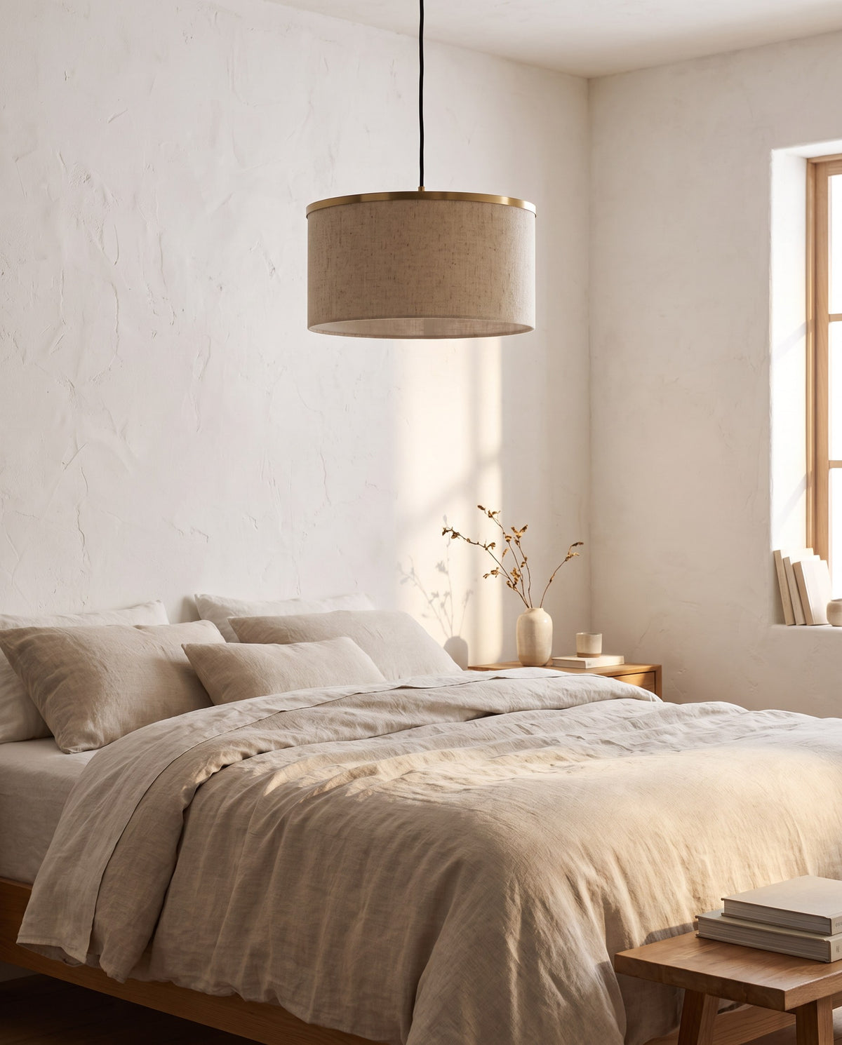 Linen Drum Pendant Light – 16" Natural Oatmeal Fabric Shade, Brass Ring, Bedroom & Living Room
