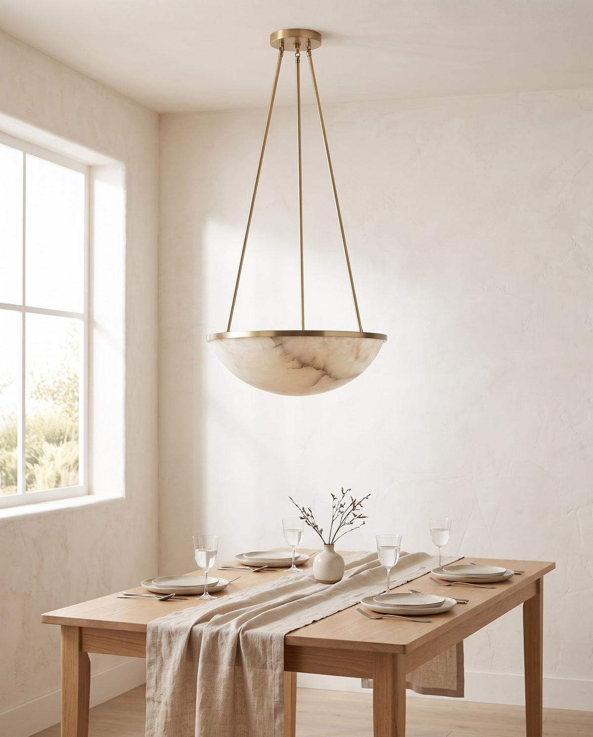 Alabaster Bowl Pendant Light – 14" Veined Stone-Look Shade, Brushed Brass Frame, Entryway & Dining