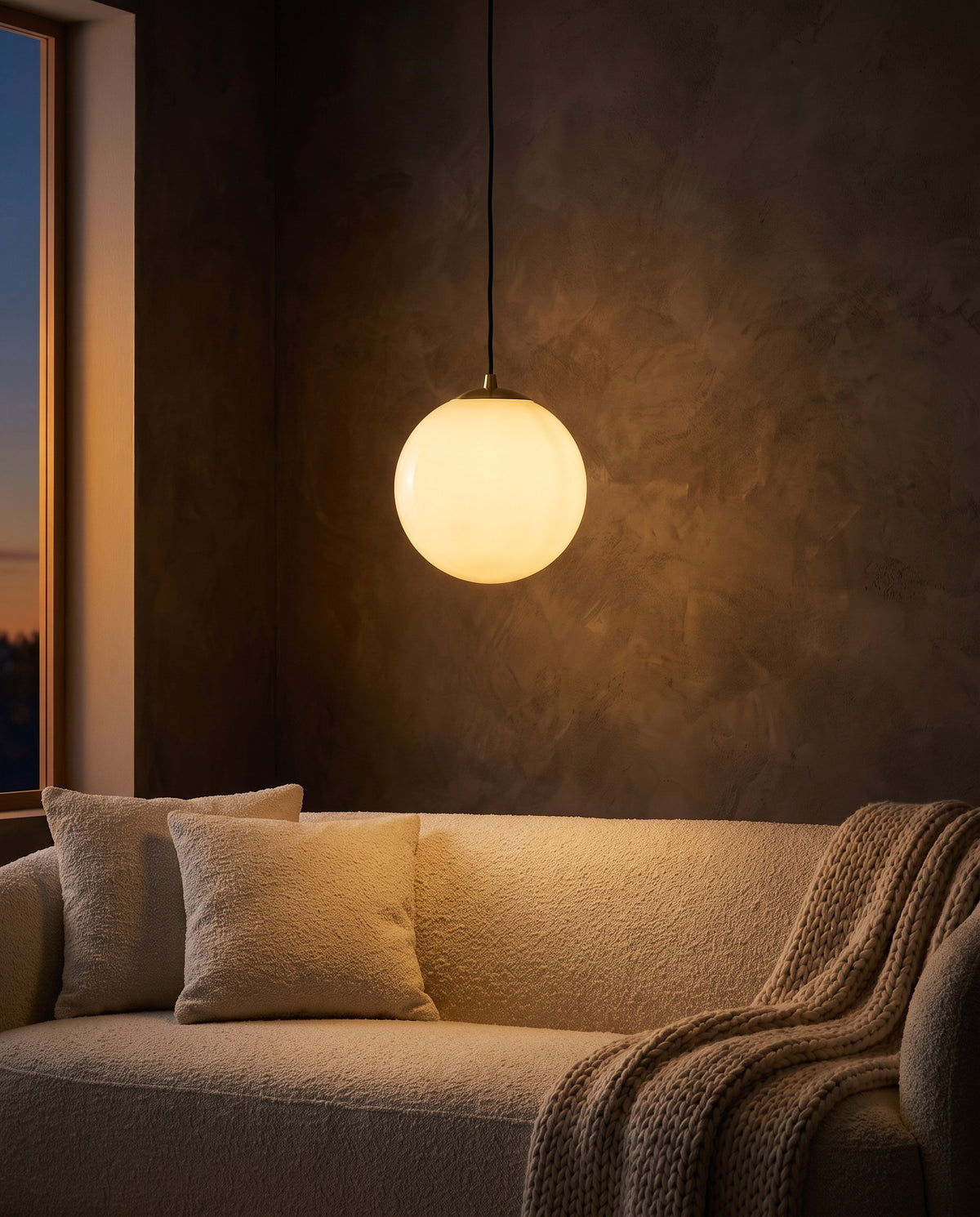 Nothoro Orb Pendant Light – 12" Opal Glass Globe, Brushed Brass, Dimmable, Dining Room & Kitchen