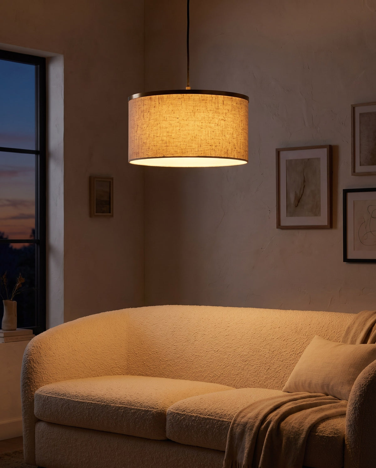 Linen Drum Pendant Light – 16" Natural Oatmeal Fabric Shade, Brass Ring, Bedroom & Living Room