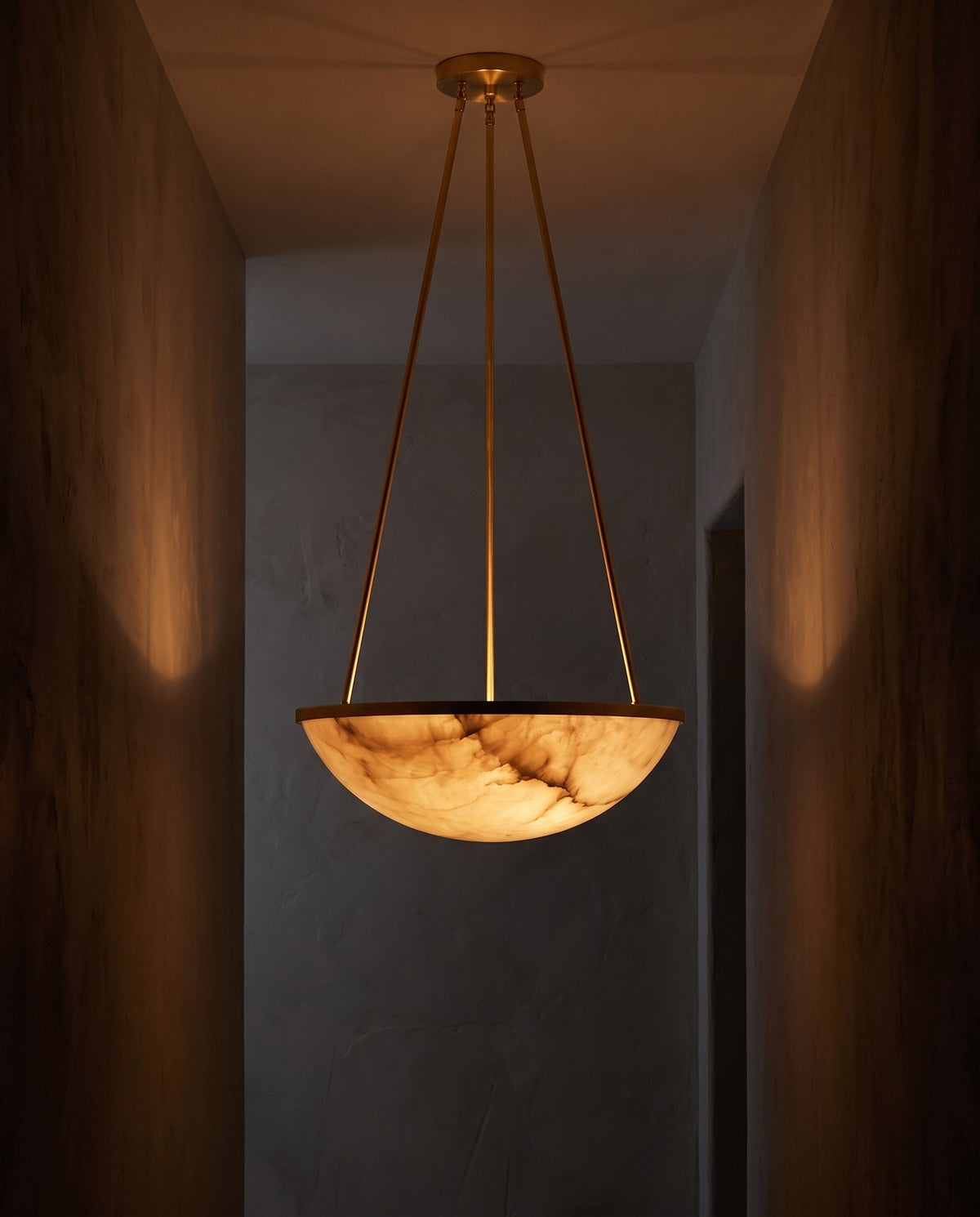 Alabaster Bowl Pendant Light – 14" Veined Stone-Look Shade, Brushed Brass Frame, Entryway & Dining