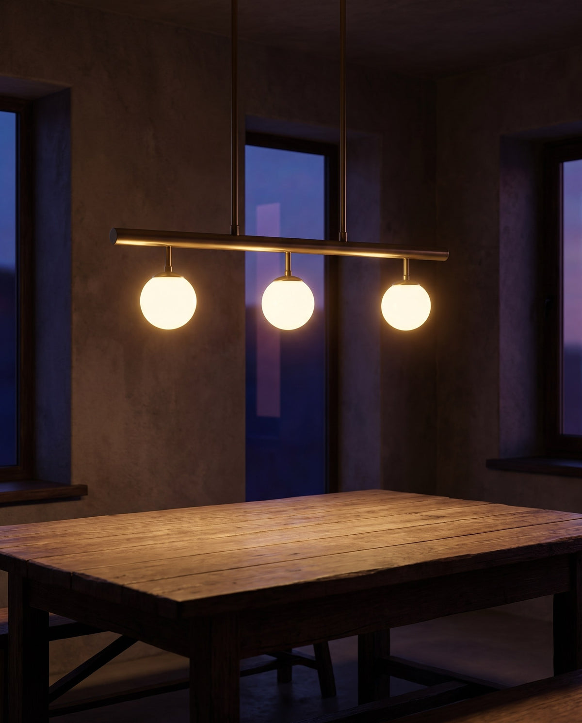 Nothoro Trio Linear Pendant Light – 36" Brushed Brass Bar with 3 Opal Glass Globes, Kitchen Island Chandelier